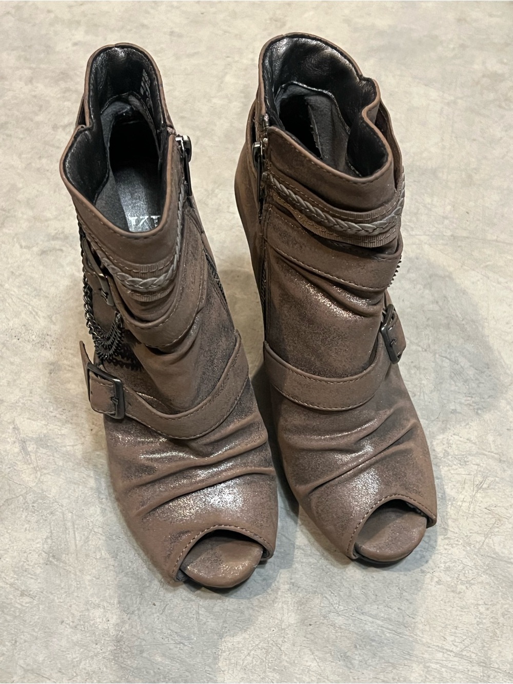 Buckle Brown Peep-Toe Ankle Booties with Buckle & Braided Trim